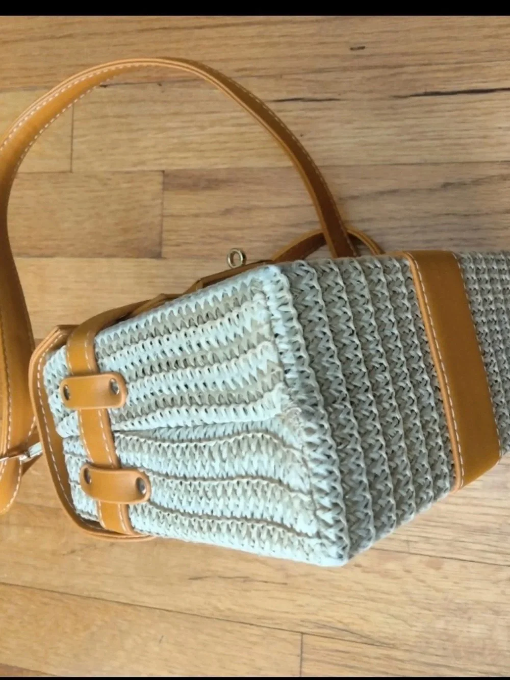 Tan Woven Top-Handle Crossbody Bag with Leather Trim